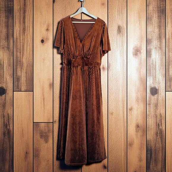 Vintage 70's Brown Velvet Maxi Dress L XL - Picture 1 of 8